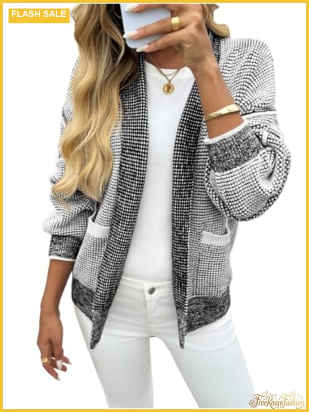 Waffle Knit Open Front Cardigan Sweater with Pockets Loose Fit
